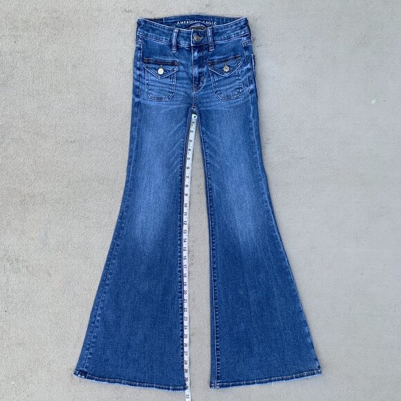 American Eagle Outfitters Festival Flare Next Level Stretch Low Rise Jeans Sz00 - Picture 10 of 14